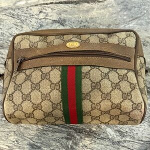 Authentic Gucci Beige and Brown Toiletry Bag with Red and Green Stripe.